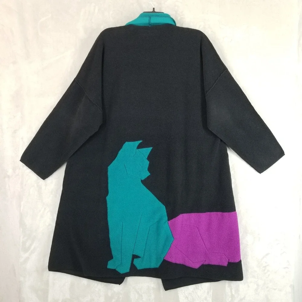 Vtg‎ Maralyce Ferree Jacket Women Black Fleece Cats Scarf Fiber Art Eclectic USA